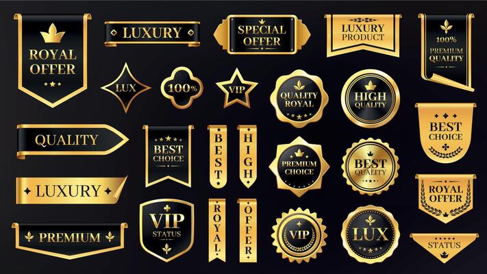Premium golden label. Luxury quality badges and sale stickers for product packaging, exclusive shiny gold ribbon and stamp icons. glossy certificate seal collection
