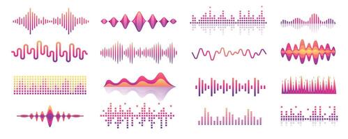 Sound waves. Audio music rhythm wave pulse, voice signal level bar, song waveform graphic icons. volume noise beat waveforms isolated set vector
