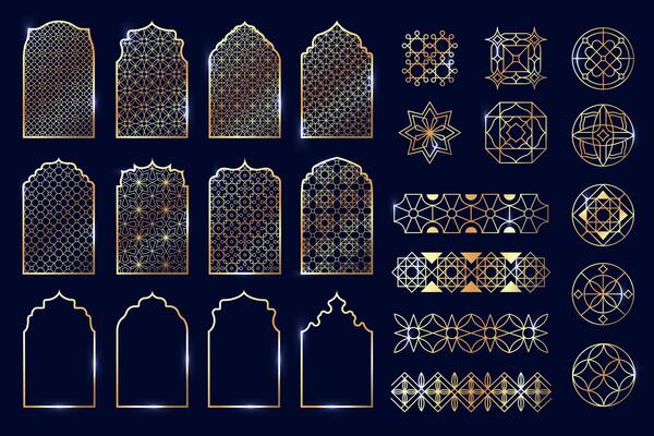 Golden Arabesque collection. Geometric oriental arabesqued frames and borders, arabic mosque architecture arabesquerie elements, islamic decorative design. set