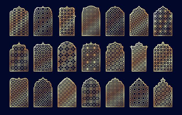 Arabian ornamental window arches. Traditional islamic arch frames with arabesque geometric archway patterns, oriental mosque architecture arched silhouette. collection