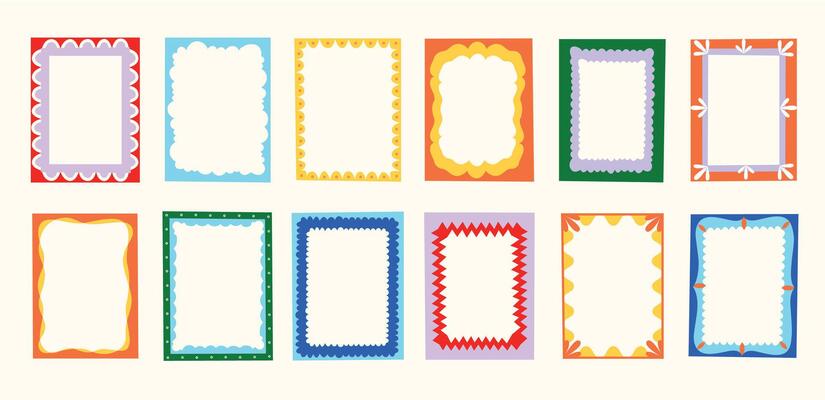 Doodle border frame. Decorative abstract wavy edge geometric shapes, cute funky bubble box text design elements. isolated collection