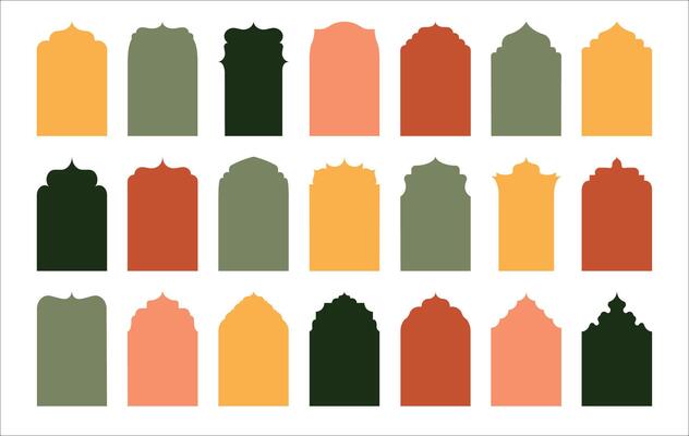 Islamic door silhouette. Oriental arabic mosque window frames, abstract islam arabian boho arch geometric shapes with arabesque decoration. collection