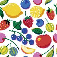 Risograph fruit pattern. Seamless print of tropical exotic fruits, retro riso print of apple berry cherry lemon. texture vector