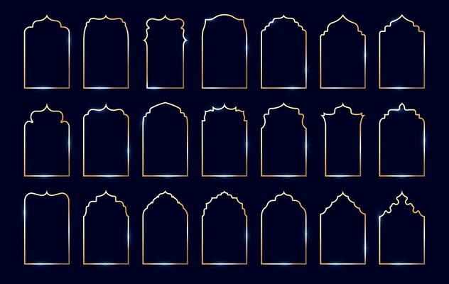 Golden Indian frame. Goldwork luxury decorative goldish borders, golden arabesque oriental gild patterns, elegant islamic window and door shapes collection. set