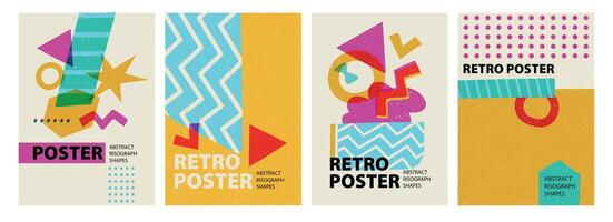 Abstract risograph posters. Modern riso print design with minimal geometric shapes, creative banner layout for magazine cover, brochure, flyer. set vector
