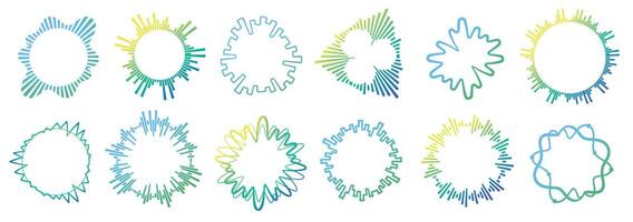 Music circle sound wave. Audio signal circular waveforms, voice and music spectrum round shapes, sound effect elements. isolated set vector