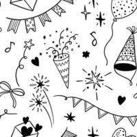 Doodle line party pattern. Seamless print of hand drawn celebration elements, sketch birthday balloons garland flags music notes. texture vector
