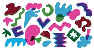 Abstract risograph shapes. Colorful random doodle geometric figures, modern childish riso graphic elements different textures. isolated set vector