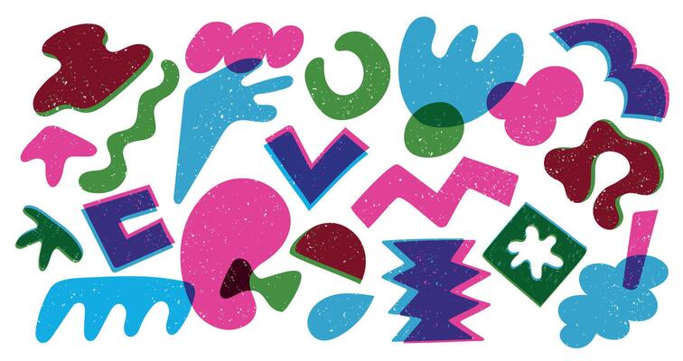 Abstract risograph shapes. Colorful random doodle geometric figures, modern childish riso graphic elements different textures. isolated set