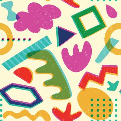 Geometric shapes risograph seamless pattern. Abstract riso print background with colorful 80s 90s style elements, retro vintage texture. wallpaper