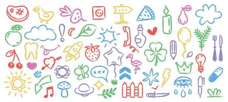 Kids charcoal doodles. Colorful childish crayon pencil cute scribbles, funny kindergarten squiggle elements drawn with chalk. children graphics isolated set vector