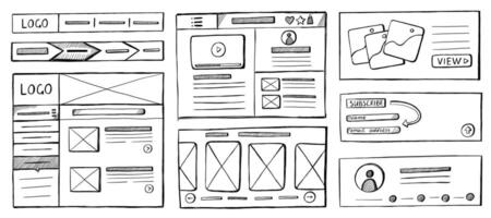 Website sketch. Hand drawn wireframe UI UX nuttins mockup of web page layout, UI elements and buttons, UX wireframed design prototype. isolated set vector