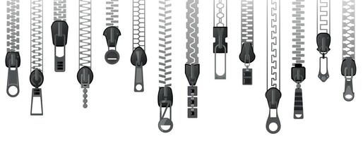 Zipper lock. Open and closed textile fastener with pull tab, sewing tailoring clothing accessories, fashion elements for apparel design. isolated set vector