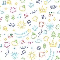 Kids scribble pattern. Seamless print of child hand drawn sketch elements, abstract minimal geometric doodle shapes. texture vector