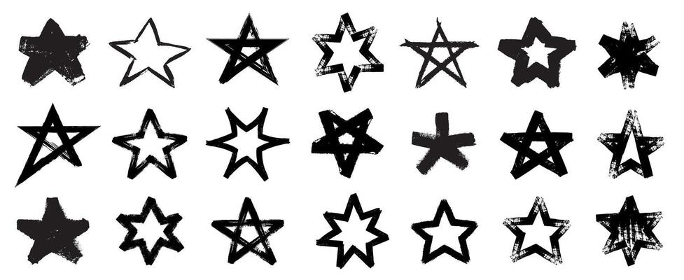 Brush stars. Graffiti star strokes, hand drawn grunge sketch starburst icons, retro doodle pencil scribble explosion and sparkle bold brush paint elements. isolated set