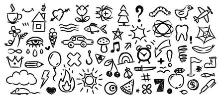 Charcoal doodle shapes. Kids drawn chalk brush elements, childish abstract sketch pencil children textures, crayon scribble and squiggly mark. isolated set vector