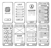 Hand drawn mobile website layout. Sketch pencil doodle UI elements for web site, simple wireframe page templates with buttons and arrows. graphic vector