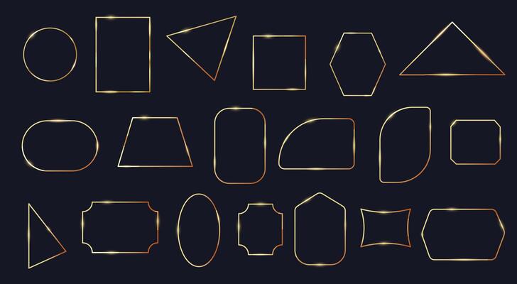 Line golden frames. Simple thin luxury borders, elegant square rectangle oval round geometric shapes with golden gradient. collection