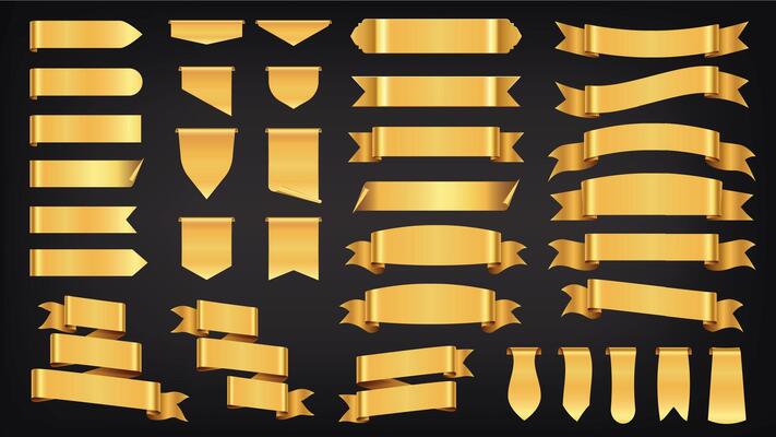 Golden ribbons. Premium quality vintage gold labels and badges, decorative luxury tape, scroll elements for greeting and invitation cards. retro yellow banner, 3D tag collection