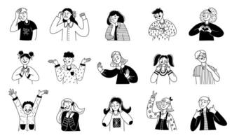 Doodle children character. Black linear kids with different emotions and gestures, hand drawn boys and girls sketch. linear set vector