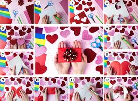 Step by step photo instruction of making Valentine's day card. DIY concept for Valentine's day card crafts. Top view. Flat lay.