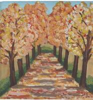 a painting of a path in the fall with trees vector