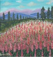 a painting of pink flowers in a field with mountains in the background vector