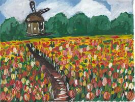 a painting of a windmill in a field of tulips vector