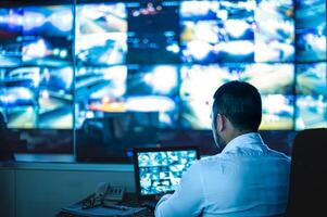 Security guards are monitoring multiple CCTV monitors. photo