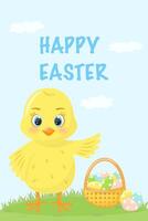 Easter card Chicken on the lawn with eggs in a basket vector