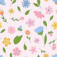 Seamless pattern of flowers with leaves on a pink background vector