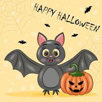 Halloween card with bat and pumpkin on yellow background vector