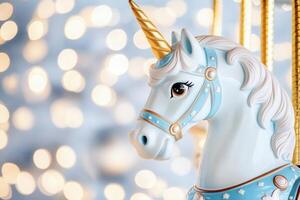 Glowing pastel carousel centerpiece featuring a unicorn theme, delighting a joyful crowd at a vibrant festival during the evening photo
