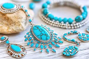 Display of intricate Native American jewelry featuring turquoise and silver set against a natural stone backdrop, highlighting traditional craftsmanship and artistry photo