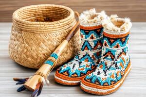 Intricately crafted Native American artifacts on display with beaded moccasins, woven basket, and wooden flute on rustic table photo