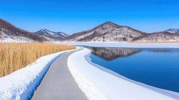 Snow melting on Chungju Binae Island walking path with serene lake and hillside reflections during winter photo