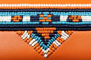 Close-up view of vibrant Native American beadwork on leather pouch highlighting intricate patterns and craftsmanship photo