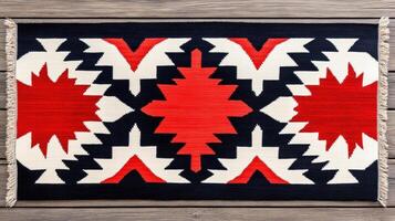 Handwoven Native American rug with intricate patterns in red, black, and white on rustic wooden floor photo