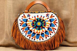 Native American cradleboard featuring intricate beadwork and leather fringe set against natural fabric background photo