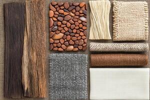Mood board showcasing interior design elements with reclaimed wood, metallic accents, and plush fabrics in a warm, inviting arrangement photo
