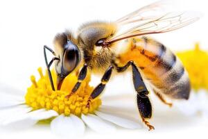 Honeybee actively pollinating vibrant wildflowers under a clear pale blue sky, showcasing the beauty of nature in soft shades of yellow and beige photo