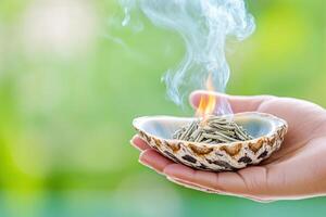 Native American smudging ceremony featuring burning sage in abalone shell with smoke rising against a natural background photo