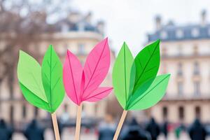 Climate change awareness protest in a city square with muted colors and handmade banners on display photo