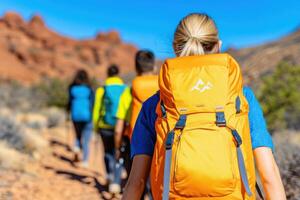Friends enjoy a hiking adventure through a vibrant canyon with stunning rust orange rocks and lush teal vegetation photo