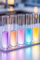 Exciting school science experiment with glowing liquids in test tubes showcasing vibrant colors in a laboratory setting photo