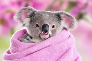 Wildlife rescue organization cares for an adorable koala wrapped in a soft blanket amid vibrant floral surroundings photo