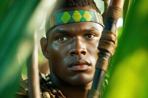 A group of tribal hunters with handmade weapons stands in a dense forest illuminated by natural light preparing for a hunting expedition photo