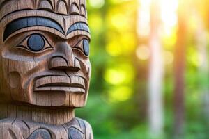 Intricate wooden totem pole standing tall in a lush green forest with soft sunlight filtering through the trees photo