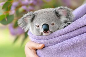 Veterinarian cares for injured koala during wildlife rescue operation using lavender blanket with coral-pink backdrop photo
