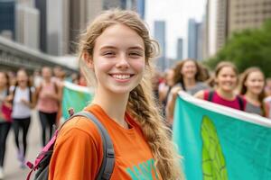Protesters advocate for environmental preservation in a vibrant urban setting surrounded by modern architecture and enthusiastic activists photo